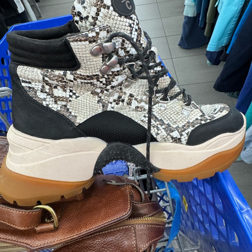 Black and Cream Combat Moto Boots with Chunky Sole worn once